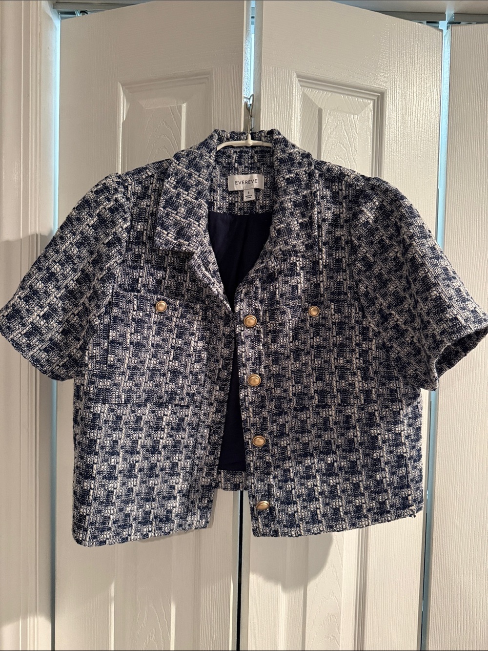 Evereve Navy & White Tweed Short Sleeve Boxy Jacket